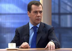 Дмитрий Медведев во время разговора с руководителями трех российских телеканалов: Первого, «России» и НТВ. 24 декабря 2009 года