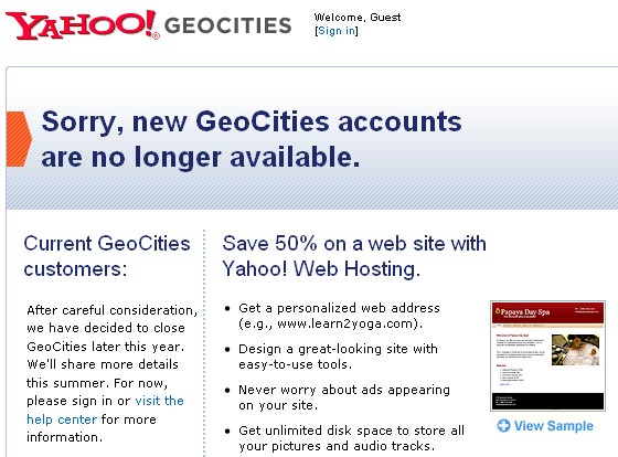 Yahoo Inc. закроет GeoCities, один из старейших бесплатных вебхостингов Интернета. Пользователям предлагается перебраться на платный хостинг компании.