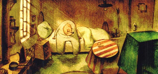 Кадр из мультфильма Кунио Като «Дом из маленьких кубиков»