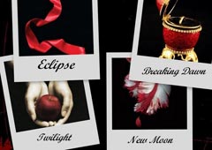 Обложки книг вампирской саги Стефани Майер: «Сумерки» (2005), «Новолуние» (2006), «Затмение» (2007), «Рассвет» (2008)