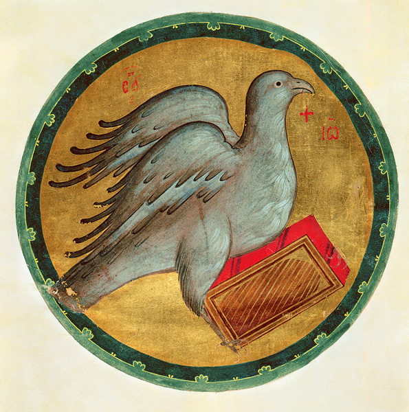 Миниатюра «Орел, символ евангелиста Иоанна». Евангелие Хитрово.  Конец XIV – начало XV века  