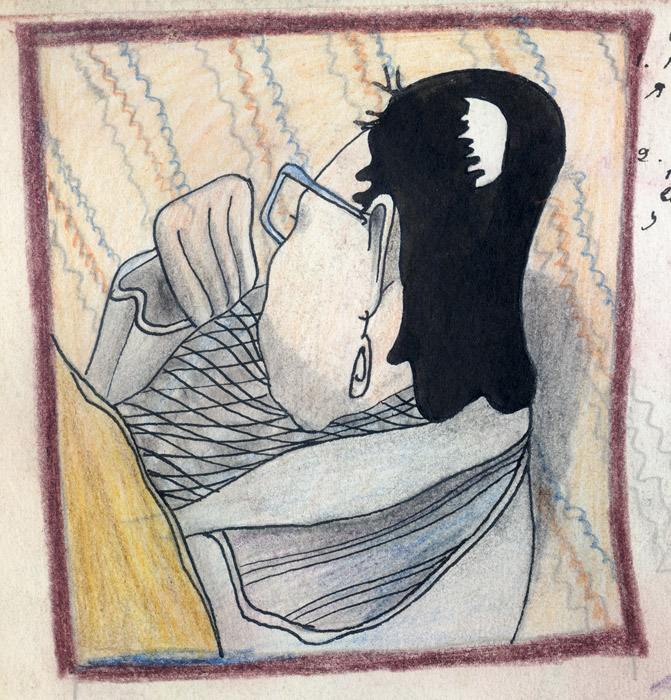 Зрительница. Тетрадь, 1988. Бумага, цветной карандаш. 13 × 13 - Сергей Дрейден