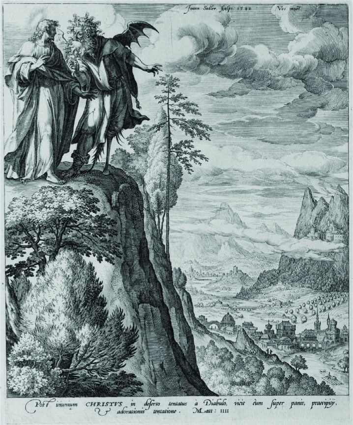  Вос, Мартин де (1532-1603) (художник); Саделер, Иоанн Старший (1550-1600) (гравер). Фламандская школа. ИСКУШЕНИЕ ХРИСТА В ПУСТЫНЕ. Бумага, резец, офорт. 24,6х21 (размер доски). Датируется 1582 г.  