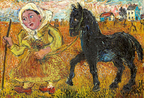  Давид Бурлюк. Баба в желтом платье и черная лошадь. 1951. Холст на картоне, масло. 20,3х25,4 