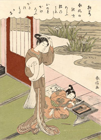  Судзуки Харунобу. Какитсубата. Женщина и ребенок, заснувший во время урока каллиграфии 