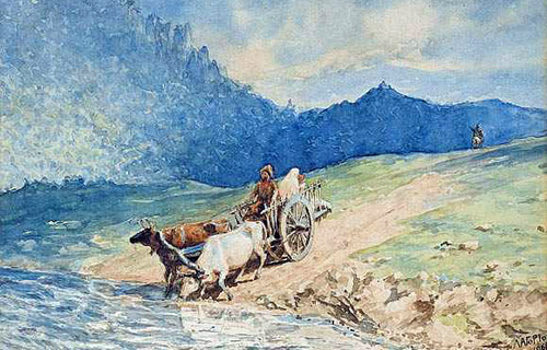  Лев Лагорио. Переход реки вброд. Бумага, акварель. 1861. 24х33 см 