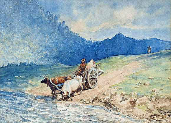 Лев Лагорио. Переход реки вброд. Бумага, акварель. 1861. 24х33 см