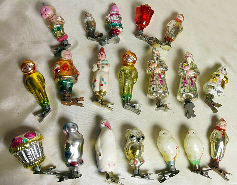 Стеклянные елочные игрушки на прищепках. СССР. 1950-е годы