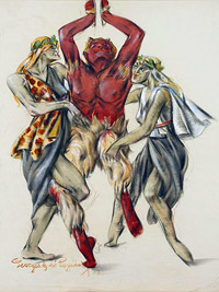 Георгий Пожедаев.  «Фавн и нимфы», 1936, Бумага, акварель, гуашь, картон, 57х43