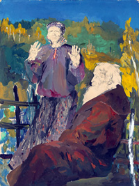 Филипп Малявин. Пожилая крестьянская пара на фоне осеннего пейзажа. Бумага, гуашь, карандаш, цветная пастель. 65х50 см