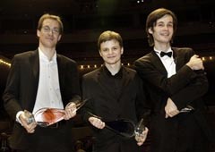 Лауреаты конкурса Honens (слева направо): Жиль Вонсаттель, Георгий Чаидзе и Евгений Стародубцев