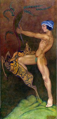 Ладо Гудиашвили. Юноша с пятнистой ланью. 1924.  Холст, масло. 160 х 75.3 см