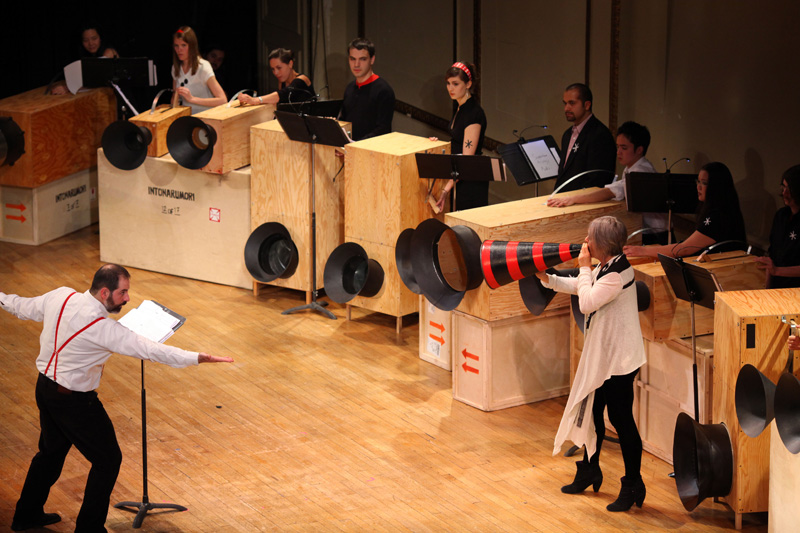 Music for 16 Futurist Noise Intoners, a Performa Commission, 2009. Luciano Chessa on left and Joan La Barbara on right with horn