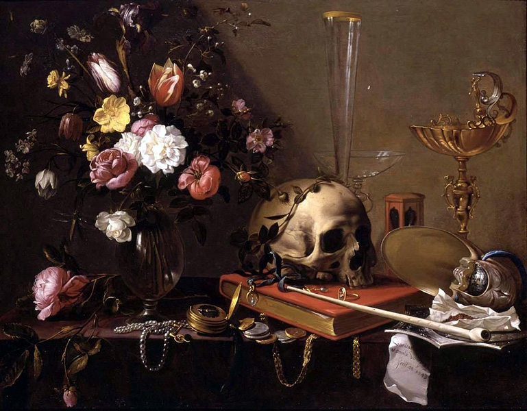 Адриан ван Утрехт. Натюрморт с букетом и черепом. 1642