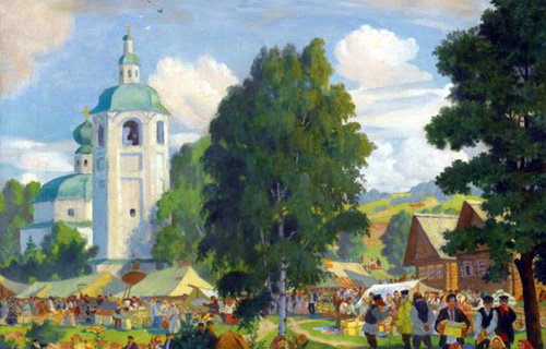 Борис Кустодиев. Сельская ярмарка. 1920. Холст, масло. 57,5х57,5 см