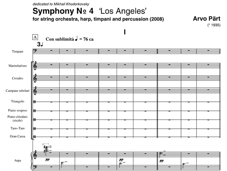 Музыкальное издательство Universal Edition опубликовало в интернете полную партитуру 4-й симфонии Арво Пярта «Лос-Анджелес». Это первая симфония Пярта за почти 40 лет.