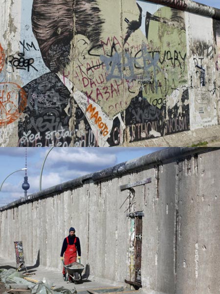 При реставрации Берлинской стены уничтожены многочисленные граффити, украшавшие ее последние 20 лет, сообщает в своем блоге ЖЖ-пользователь drugoi.