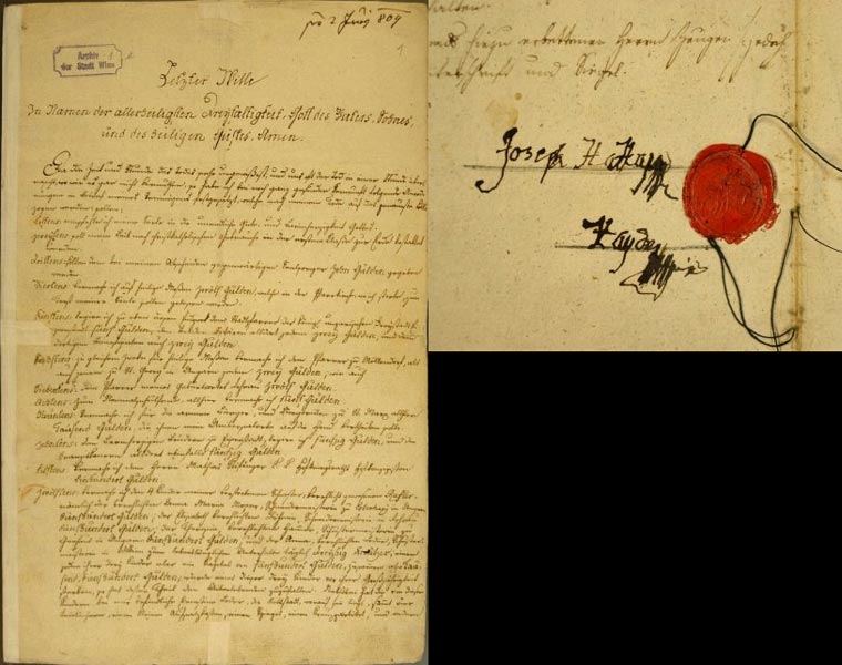Первая страница завещания и подпись Йозефа Гайдна