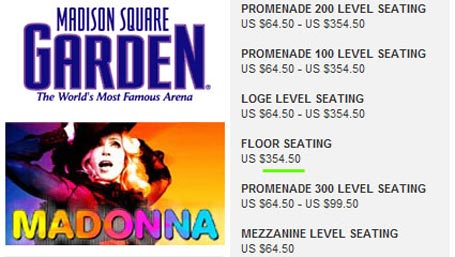 Сайт Music Radar опубликовал перечень исполнителей с самыми высокими ценами на билет в 2008 году. Список возглавила Мадонна: билеты на ее концерты продавались в среднем по $378.