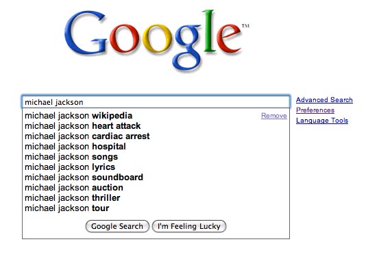 Варианты поисковых запросов по словам «Michael Jackson» на сайте Google вечером 25 июня 2009 года
