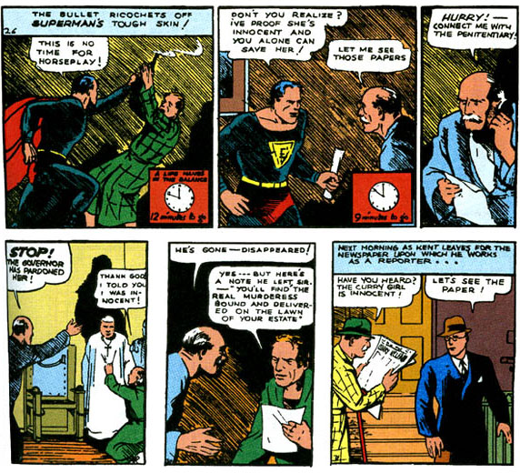 Супермен спасает от казни невинную женщину. Фрагмент первого выпуска Atomic Comics (1938)