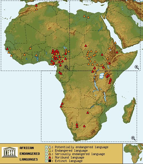 ЮНЕСКО представила в Париже электронную версию Атласа языков мира, находящихся под угрозой исчезновения. Всего в атласе перечислено более 2500 языков. При этом пока в сети доступен только лингвистический атлас Африки.
