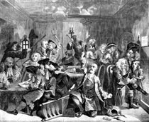 Уильям Хогарт. Гравюра «Игорный дом» из серии «Похождения повесы». 1732—33