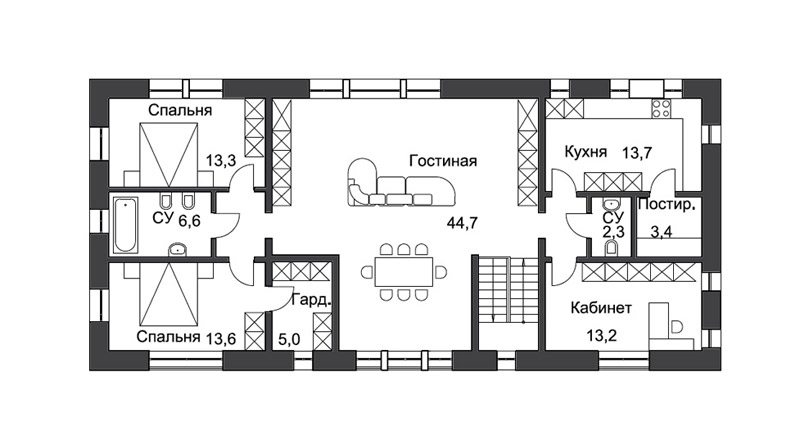 План первого этажа двухэтажного частного дома в поселке Максима Атаянца