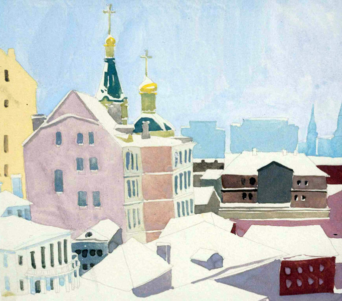 Oльга Туркус. Вид из окна. Крыши под снегом. 1960-е