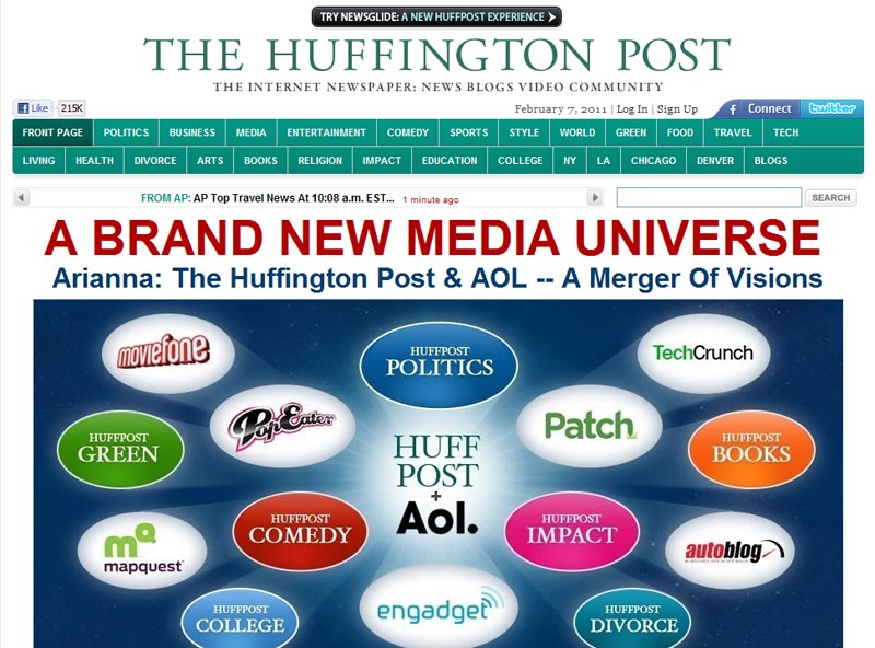Американская медиакомпания AOL за $315 млн приобрела ресурс The Huffington Post, известный как наиболее успешная модель СМИ, работающего не только с профессиональными журналистами, но и с блоггерами.