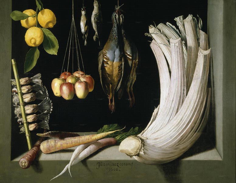 Хуан Санчес Котан. Натюрморт с дичью, зеленью и фруктами. 1602
