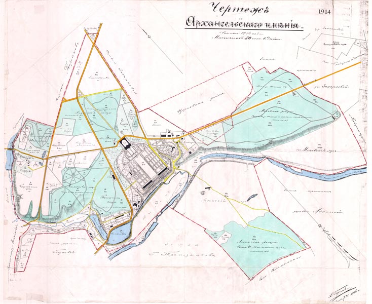 Чертеж Архангельского имения 1914 года. Зеленым обозначены исторические усадебные рощи
