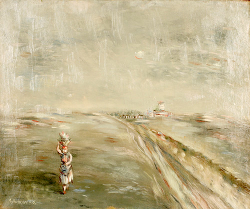 «Заложники пустоты». Александр Тышлер. Женщина с корзиной на голове на фоне пейзажа. 1934 