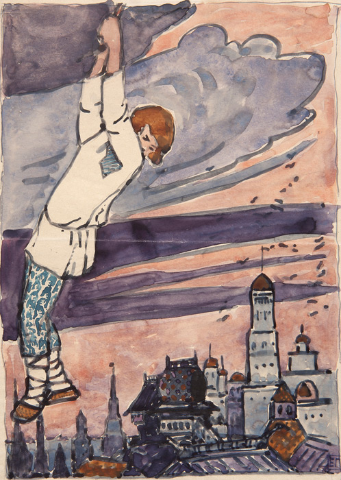 Елена Поленова. Мальчик висит на облаке. Эскиз иллюстрации к сказке «Отчего медведь стал куцый». 1896–1898