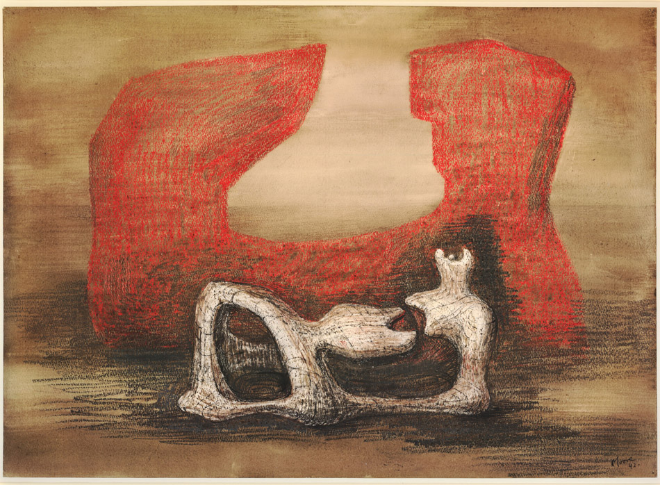 Генри Мур. Полулежащая фигура и красные скалы. 1942 