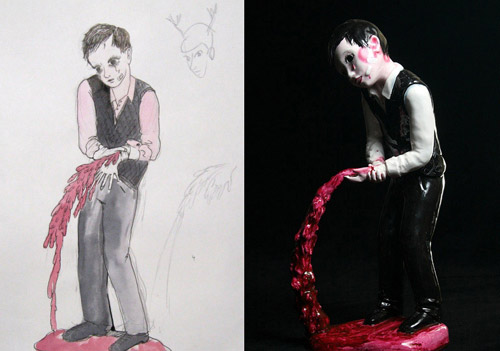 Мальчик-самоубийца. Эскиз и керамическая фигурка Йозефа Болфа, 2008